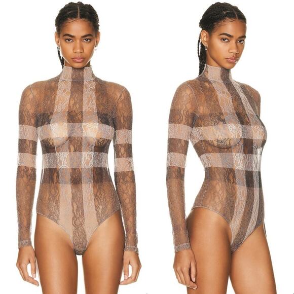 Burberry Checked Stretch-Knit Long Sleeve High Neck Bodysuit in Dark Birch Brown - Picture 5 of 17